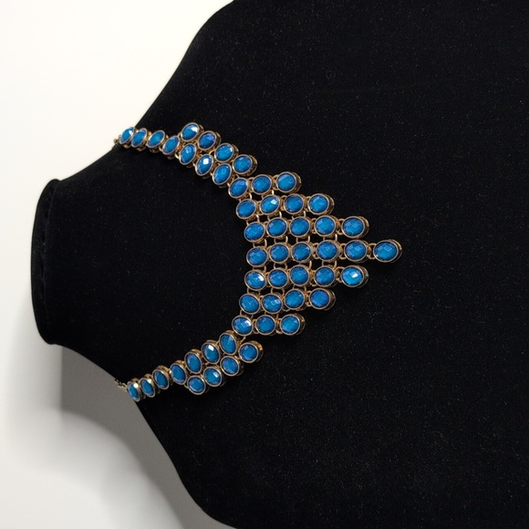Bold Rich Blue Statement Bib Necklace Gold Tone Multi Stone Layered Choker - Picture 7 of 7